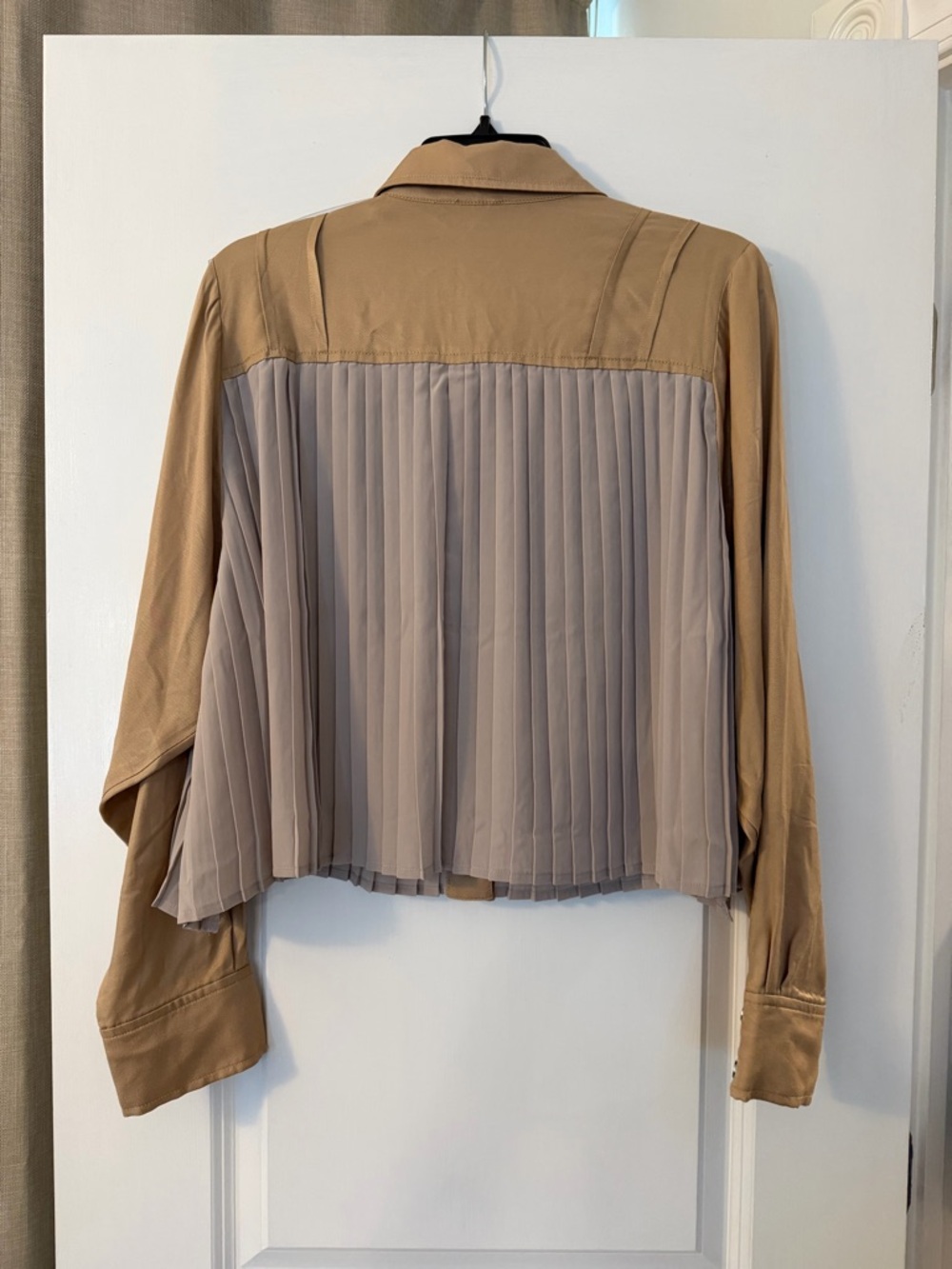 Pleated Two-Tone Button-Down Shirt in Tan & Beige - Picture 2 of 4